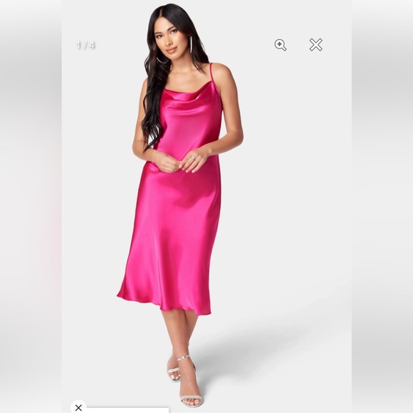 SATIN COWL NECK SLIP MIDI DRESS IN FUSHIA - Picture 1 of 10